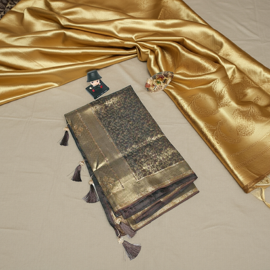 Elegant Dark Brown Banarasi Silk Saree with Golden Zari & Tassel Border