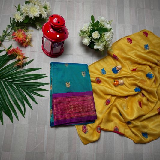 Elegant Teal and Purple Kanchipuram Silk Saree with Golden Zari Work