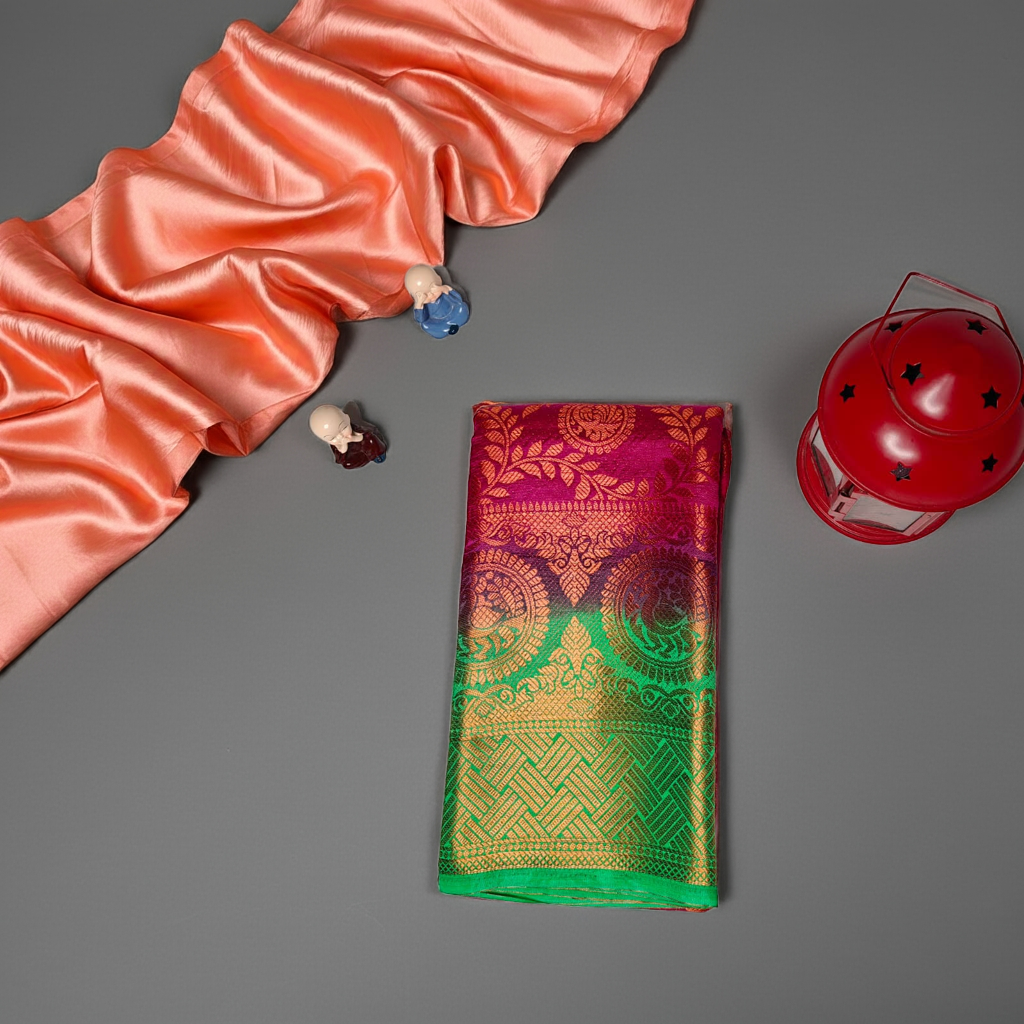 Royal Pink and Green Banarasi Silk Saree with Rich Golden Zari Weaving