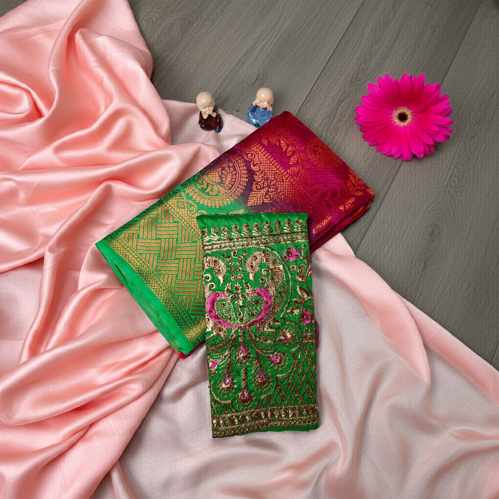 Royal Pink and Green Banarasi Silk Saree with Rich Golden Zari Weaving
