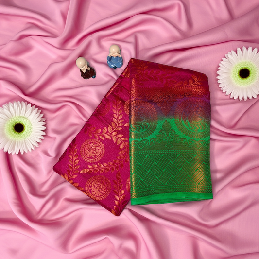 Royal Pink and Green Banarasi Silk Saree with Rich Golden Zari Weaving