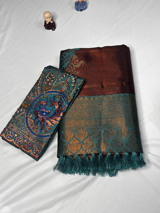 Elegant Copper Brown & Teal Banarasi Silk Saree with Contrast Pallu