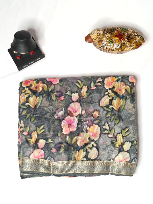 Elegant Brown Floral Printed Saree with Golden Border