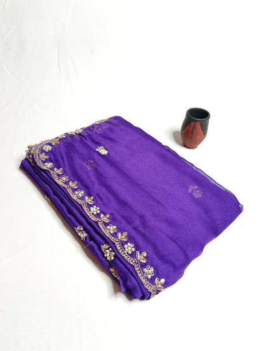 Stylish embroidered saree with stone-studded lace border, paired with a contrasting blouse for a perfect festive and party look