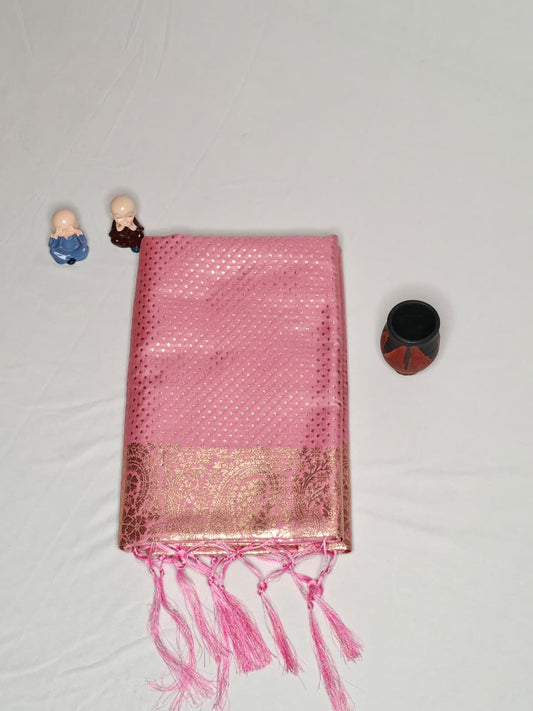 Elegant PINK Banarasi Silk Saree with Copper Zari Weaving & Tassels.