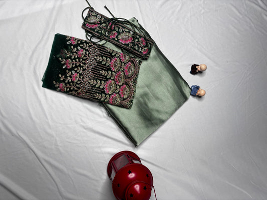 Elegant Velvet Embroidered Saree with Matching Blouse & Belt